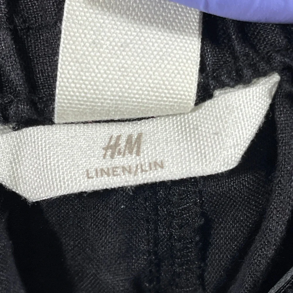 H&M Linen Blend Pants Women‎ Size M Black Drawstring Elastic Waist Tapered Leg